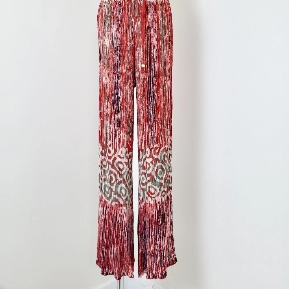 Rayon Abstract Lounge Pants High Rise Flare Bell Bottom Festival Comfy - Picture 3 of 11